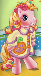 Size: 1153x2105 | Tagged: safe, artist:lyn fletcher, cupcake (g3), earth pony, pony, g3, official, alternate hairstyle, bipedal, blushing, clothes, female, hair curlers, mare, robe, solo, starry eyes, the perfect pumpkin, wingding eyes