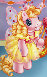 Size: 1077x1757 | Tagged: safe, artist:lyn fletcher, cupcake (g3), earth pony, fairy, pony, g3, official, bipedal, clothes, costume, cropped, crown, fairy princess, fairy princess outfit, fairy wings, female, halloween, halloween costume, holiday, jewelry, magic wand, regalia, scan, solo, starry eyes, the perfect pumpkin, wingding eyes, wings