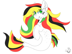 Size: 1873x1405 | Tagged: safe, artist:sharkdoggo, oc, oc only, earth pony, pony, seapony (g4), dorsal fin, ear fluff, fish tail, flowing mane, flowing tail, green eyes, multicolored hair, music notes, seaponified, simple background, solo, species swap, tail, white background