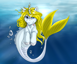 Size: 1200x1000 | Tagged: safe, artist:cappuccinooo, oc, oc only, merpony, seapony (g4), unicorn, blue eyes, bubble, crepuscular rays, dorsal fin, fish tail, flowing tail, gills, horn, looking at you, ocean, seaponified, solo, species swap, sunlight, swimming, tail, underwater, water, yellow eyes