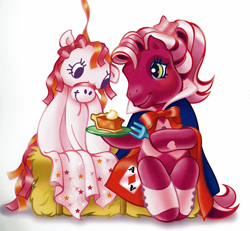 Size: 1997x1845 | Tagged: safe, artist:lyn fletcher, cherry blossom (g3), earth pony, ghost, ghost pony, pony, g3, official, bow, card, clothes, costume, female, food, fork, halloween, halloween costume, hay bale, holiday, magician outfit, mare, party decorations, pumpkin pie, solo, starry eyes, stars, the perfect pumpkin, wingding eyes