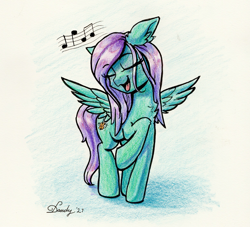 Size: 2440x2220 | Tagged: safe, artist:dandy, oc, oc only, oc:swing time, pegasus, pony, colored pencil drawing, eyes closed, female, high res, music notes, open mouth, signature, singing, solo, traditional art, wings