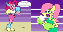 Size: 1920x976 | Tagged: safe, artist:strangefacts101, fluttershy, pinkie pie, earth pony, pegasus, anthro, g4, alternate hairstyle, boots, bouncing, boxing, boxing gloves, boxing ring, boxing shorts, breath, breathing, clothes, mouth guard, shoes, shorts, sports, sweat, tank top, tired, trunks, wings