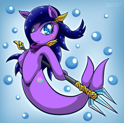 Size: 911x900 | Tagged: safe, artist:vavacung, oc, oc only, merpony, seapony (g4), 2014, blue eyes, blue mane, blushing, bubble, female, fish tail, flowing mane, mermaid tail, simple background, smiling, solo, tail, trident, underwater, water