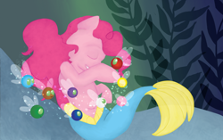 Size: 1500x939 | Tagged: safe, artist:banyanles, pinkie pie, earth pony, merpony, parasprite, pony, g4, bubble, eyes closed, female, fish tail, flowing mane, flowing tail, mermaid tail, ocean, pink mane, seaponified, seapony pinkie pie, seaweed, smiling, solo, species swap, swimming, tail, underwater, water