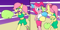 Size: 1920x976 | Tagged: safe, artist:strangefacts101, fluttershy, pinkie pie, earth pony, pegasus, anthro, g4, alternate hairstyle, boxing, boxing gloves, boxing ring, boxing shorts, clothes, dodge, fight, mouth guard, punch, shoes, sneakers, sparring, sports, sports bra, tank top, trunks, wings