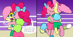 Size: 1920x976 | Tagged: safe, artist:strangefacts101, fluttershy, pinkie pie, earth pony, pegasus, anthro, g4, 2 panel comic, alternate hairstyle, bear hug, boots, boxing, boxing gloves, boxing ring, boxing shorts, breath, clinch, clinching, clothes, comic, fight, hug, lifted leg, lifted up, mouth guard, shoes, shorts, sneakers, sparring, sports, squeezing, tank top, tired, trunks