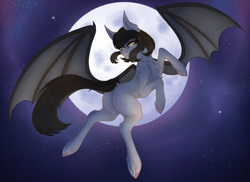 Size: 2200x1600 | Tagged: safe, artist:bananasplitedy, oc, oc only, oc:aurelia, bat pony, bat pony oc, bat wings, butt, chest fluff, cute, dock, female, flying, looking at you, mare, moon, night, plot, solo, underhoof, wings