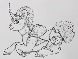 Size: 1280x960 | Tagged: safe, artist:skior, pony, unicorn, female, gem, lying down, mare, monochrome, pearl, pearl (steven universe), ponified, prone, solo, steven universe, traditional art