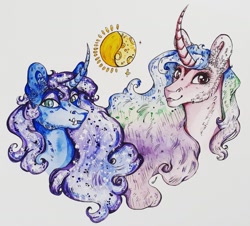 Size: 1195x1080 | Tagged: safe, artist:skior, princess celestia, princess luna, alicorn, pony, g4, bust, female, mare, moon, palindrome get, portrait, royal sisters, siblings, sisters, sun, traditional art
