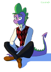 Size: 1000x1400 | Tagged: safe, artist:tralalayla, spike, dragon, anthro, g4, argyle, cel shading, clothes, male, older, older spike, pants, shading, shirt, shoes, simple background, sitting, solo, vest, white background