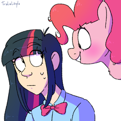 Size: 1000x1000 | Tagged: safe, artist:tralalayla, pinkie pie, twilight sparkle, earth pony, human, pony, g4, duo, eye clipping through hair, human and pony, humanized, looking at each other, simple background, smiling, white background