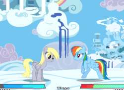 Size: 475x346 | Tagged: safe, artist:sunbusting, derpy hooves, rainbow dash, pegasus, pony, fighting is magic, fighting is magic - mega, g4, animated, bipedal, cloudsdale, duo, duo female, female, gif, mare, screenshots