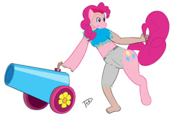 Size: 1474x1000 | Tagged: safe, artist:torlion, pinkie pie, earth pony, human, pony, g4, disappearing clothes, eye color change, female, grin, human to pony, mare, mid-transformation, party cannon, signature, simple background, smiling, solo, tail, tail pull, transformation, white background