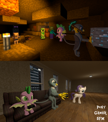Size: 1920x2160 | Tagged: safe, artist:php170, gabby, rarity, spike, dragon, enderman, griffon, pony, spider, undead, unicorn, zombie, don't mine at night, dragon dropped, g4, 3d, backlighting, bipedal, bone, cave, comic, controller, couch, creeper, crossover, diamond, diamond pickaxe, diamond sword, female, friends, friendship, jealous rarity, male, mare, mine, minecraft, overprotective, pickaxe, ship:spabby, shipping, shipping denied, sitting, skeleton, source filmmaker, straight, sword, torch, video game, video game crossover, weapon, winged spike, wings, xbox, xbox controller