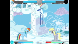Size: 1024x576 | Tagged: safe, artist:sunbusting, derpy hooves, rainbow dash, pegasus, pony, fighting is magic, fighting is magic - mega, g4, animated, bipedal, cloudsdale, duo, duo female, female, fighting game, mare, sound, webm