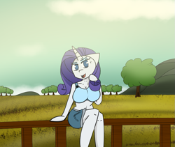 Size: 877x741 | Tagged: safe, artist:inky scroll, rarity, unicorn, anthro, g4, bra, breasts, busty rarity, clothes, denim shorts, farm, female, fence, looking at you, midriff, open mouth, open smile, shorts, sitting, smiling, solo, sports bra, underwear