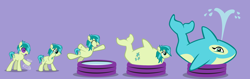 Size: 2500x790 | Tagged: safe, artist:magerblutooth, sandbar, earth pony, orca, pony, series:mlp transformed, g4, bottle, commission, eyes closed, female, inflatable pool, jumping, male, male to female, open mouth, open smile, potion, purple background, rule 63, sandbank, show accurate, simple background, smiling, solo, story included, swirly eyes, teenager, tongue out, transformation, transformation sequence, transgender transformation, vector, water jet, weight gain