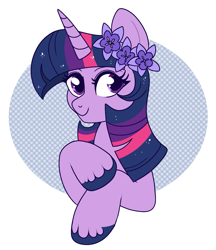 Size: 999x1155 | Tagged: safe, artist:lulubell, twilight sparkle, pony, g4, abstract background, balloon flowers, bust, cute, eyelashes, flower, flower in hair, horn, portrait, smiling, solo, twiabetes, unshorn fetlocks
