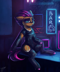 Size: 1600x1922 | Tagged: safe, artist:hagalazka, oc, oc only, pony, clothes, commission, cyberpunk, female, looking at you, mare, neon, not scootaloo, rain, sitting, solo