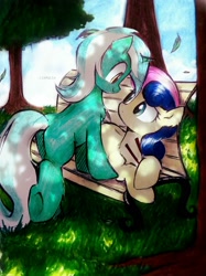 Size: 1888x2518 | Tagged: safe, artist:liaaqila, part of a set, bon bon, lyra heartstrings, sweetie drops, earth pony, pony, unicorn, fanfic:bon bon bon bon bon bon, g4, adorabon, bench, butt, commission, cute, duo, fanfic art, female, high res, lesbian, looking at each other, looking at someone, lyrabetes, mare, plot, ship:lyrabon, shipping, traditional art, tree