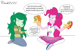 Size: 1280x905 | Tagged: safe, artist:crock2121, adagio dazzle, pinkie pie, sunset shimmer, wallflower blush, equestria girls, equestria girls series, forgotten friendship, dialogue, duo, duo female, female, hand puppet, implied lesbian, implied shipping, implied sunsagio, lesbian, pinkieflower, puppet, shipping, simple background, sock puppet, spanish, translated in the description, white background