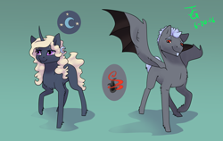 Size: 3000x1900 | Tagged: safe, artist:joan-grace, oc, oc only, oc:lucas, oc:selina, bat pony, pony, unicorn, bat pony oc, bat wings, duo, female, gradient background, horn, male, mare, offspring, parent:king sombra, parent:princess luna, parents:lumbra, reference sheet, siblings, stallion, story included, unicorn oc, wings