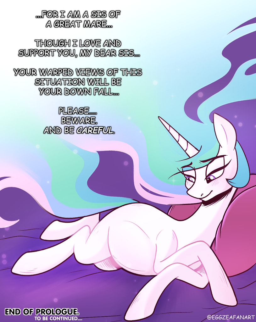 2696067 - safe, artist:eggzeafanart, princess celestia, alicorn, pony, g4,  comic, female, horn, implied princess luna, narration, preglestia, pregnant,  solo, wingless, wingless alicorn, wings - Derpibooru