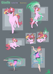 Size: 2000x2800 | Tagged: safe, artist:joan-grace, oc, oc only, oc:giselle, human, pony, unicorn, bust, dancing, female, glowing horn, high res, horn, humanized, mare, offspring, offspring's offspring, parent:oc:lucky star, parent:oc:rosemary, parents:oc x oc, rearing, reference sheet, unicorn oc