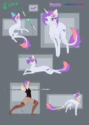 Size: 2000x2800 | Tagged: safe, artist:joan-grace, oc, oc only, oc:mystic, human, pony, unicorn, boots, clothes, female, glowing horn, high res, horn, humanized, interspecies offspring, leonine tail, magic, mare, offspring, offspring's offspring, parent:oc:pandora, parent:oc:valiant heart, parents:oc x oc, reference sheet, shoes, shorts, smiling, spear, telekinesis, unicorn oc, weapon