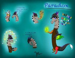 Size: 2217x1723 | Tagged: safe, artist:diamond06mlp, discord, oc, oc only, oc:paradox, draconequus, blushing, bust, draconequus oc, fire, fire breath, glowing hands, male, reference sheet, signature