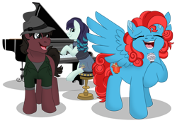 Size: 1024x714 | Tagged: safe, artist:faitheverlasting, coloratura, oc, oc:phillip finder, oc:steamed carrot, earth pony, pegasus, pony, g4, eyes closed, microphone, musical instrument, piano, rara, simple background, singing, smiling, transparent background
