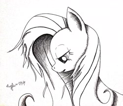 Size: 2112x1824 | Tagged: safe, artist:diamond06mlp, fluttershy, pegasus, pony, g4, bust, female, lineart, mare, monochrome, signature, simple background, solo, traditional art, white background