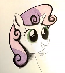 Size: 1952x2176 | Tagged: safe, artist:diamond06mlp, sweetie belle, pony, unicorn, g4, bust, eyelashes, female, filly, grin, signature, smiling, solo, traditional art