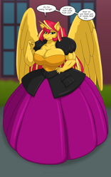 Size: 1250x2000 | Tagged: safe, alternate version, artist:runningtoaster, sunset shimmer, alicorn, anthro, g4, alicornified, big breasts, breasts, busty sunset shimmer, cleavage, clothes, colored, dialogue, dress, female, flexing, gown, huge breasts, human to anthro, implied transformation, muscles, muscular female, outdoors, poofy shoulders, race swap, smiling, speech bubble, sunset lifter, talking
