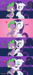 Size: 2048x4604 | Tagged: safe, artist:georgegarza01, rarity, spike, dragon, pony, unicorn, blushing, comic, confession, duo, emoji, female, floppy ears, heart, hooves on cheeks, kiss on the lips, kissing, looking at each other, love, male, night, pink background, romantic, sad, shipping, shocked, show accurate, simple background, smiling, sparity, straight, surprise kiss, text