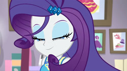 Size: 3410x1920 | Tagged: safe, screencap, rarity, do it for the ponygram!, equestria girls, g4, my little pony equestria girls: better together, cute, female, geode of shielding, hairpin, lidded eyes, magical geodes, raribetes, rarity peplum dress, smiling, solo
