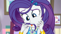 Size: 3410x1920 | Tagged: safe, screencap, rarity, do it for the ponygram!, equestria girls, g4, my little pony equestria girls: better together, bracelet, female, geode of shielding, hair in mouth, hairpin, high res, jewelry, magical geodes, majestic as fuck, rarity peplum dress, solo