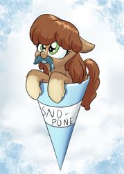 Size: 1000x1400 | Tagged: safe, artist:rocket-lawnchair, oc, oc only, fish, pony, yakutian horse, abstract background, cute, female, floppy ears, mare, mouth hold, ocbetes, snow mare, snowcone, solo