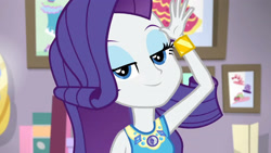 Size: 3410x1920 | Tagged: safe, screencap, rarity, do it for the ponygram!, equestria girls, equestria girls series, g4, spoiler:eqg series (season 2), bracelet, female, geode of shielding, jewelry, looking at you, magical geodes, rarity peplum dress, smiling, smiling at you, solo