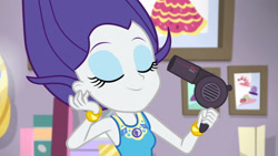 Size: 3410x1920 | Tagged: safe, screencap, rarity, do it for the ponygram!, equestria girls, equestria girls series, g4, spoiler:eqg series (season 2), bracelet, cute, eyes closed, female, geode of shielding, hair dryer, high res, jewelry, magical geodes, raribetes, rarity peplum dress, smiling, solo