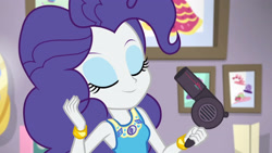 Size: 3410x1920 | Tagged: safe, screencap, rarity, do it for the ponygram!, equestria girls, equestria girls series, g4, spoiler:eqg series (season 2), alternate hairstyle, bracelet, eyes closed, eyeshadow, female, geode of empathy, geode of fauna, geode of shielding, geode of sugar bombs, geode of super speed, geode of super strength, geode of telekinesis, hair dryer, high res, jewelry, magical geodes, makeup, pinkie pie hair, pinkity, rarity peplum dress, rarity's bedroom, smiling, solo