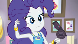 Size: 3410x1920 | Tagged: safe, screencap, rarity, do it for the ponygram!, equestria girls, g4, my little pony equestria girls: better together, alternate hairstyle, bracelet, cute, female, geode of empathy, geode of fauna, geode of shielding, geode of sugar bombs, geode of super speed, geode of super strength, geode of telekinesis, hair dryer, hairstyle swap, high res, jewelry, magical geodes, pinkie pie hair, pinkity, raribetes, rarity peplum dress, rarity's bedroom, solo