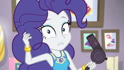 Size: 3410x1920 | Tagged: safe, screencap, rarity, do it for the ponygram!, equestria girls, g4, my little pony equestria girls: better together, alternate hairstyle, bracelet, female, geode of empathy, geode of fauna, geode of shielding, geode of sugar bombs, geode of super speed, geode of super strength, geode of telekinesis, hair dryer, hairstyle swap, jewelry, magical geodes, pinkie pie hair, pinkity, rarity peplum dress, rarity's bedroom, shrunken pupils, solo