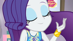 Size: 3410x1920 | Tagged: safe, screencap, rarity, do it for the ponygram!, equestria girls, equestria girls series, g4, spoiler:eqg series (season 2), bracelet, eyes closed, female, geode of shielding, jewelry, magical geodes, rarity peplum dress, smiling, solo