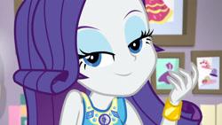 Size: 3410x1920 | Tagged: safe, screencap, rarity, do it for the ponygram!, equestria girls, equestria girls series, g4, spoiler:eqg series (season 2), bracelet, female, geode of shielding, jewelry, looking at you, magical geodes, rarity peplum dress, smiling, smiling at you, solo