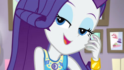 Size: 3410x1920 | Tagged: safe, screencap, rarity, do it for the ponygram!, equestria girls, equestria girls series, g4, spoiler:eqg series (season 2), bracelet, female, geode of shielding, hairpin, jewelry, magical geodes, open mouth, rarity peplum dress, solo