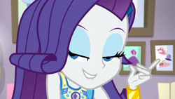 Size: 3410x1920 | Tagged: safe, screencap, rarity, do it for the ponygram!, equestria girls, g4, my little pony equestria girls: better together, bracelet, eyeshadow, female, geode of shielding, hairpin, high res, jewelry, lidded eyes, lip bite, looking at you, magical geodes, makeup, pointing, rarity peplum dress, sexy, smiling, solo