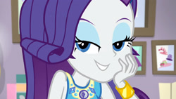 Size: 3410x1920 | Tagged: safe, screencap, rarity, do it for the ponygram!, equestria girls, equestria girls series, g4, spoiler:eqg series (season 2), bracelet, female, geode of shielding, grin, hairpin, jewelry, magical geodes, rarity peplum dress, smiling, solo