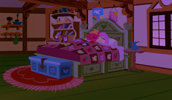 Size: 2880x1680 | Tagged: safe, anonymous artist, big macintosh, fluttershy, earth pony, pegasus, pony, series:fm holidays, g4, bed, bedroom, eyes closed, female, fluttershy's bedroom, fluttershy's cottage, in bed, labor day, lineless, lying down, male, mare, night, ship:fluttermac, shipping, sleeping together, sleepy, smiling, stallion, straight